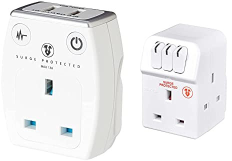 Masterplug Single Socket Surge Protected Power Adaptor with Two USB Charging Points, Gloss White & MSWG3 Three Socket Surge Protected Adaptor with Individual Switches
