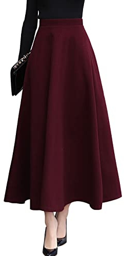 ebossy Damen-Plaid im Vintage-Stil, hohe Taille, Wollmischung, langer Maxirock mit Tasche in A-Form, Größe XS, Weinrot