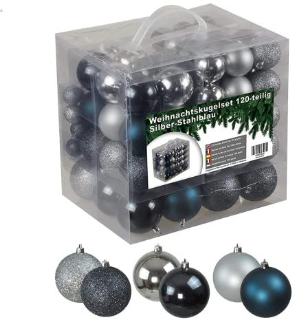Julido Weihnachtskugeln Kunststoff 120 Stück, Christbaumkugeln Silber und Stahlblau, Weihnachtsbaum Deko glänzend, glitzernd und matt