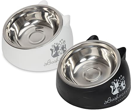 Cat Food & Accessories Kit - Raised Bowls for Cats & Kittens (Black + White)