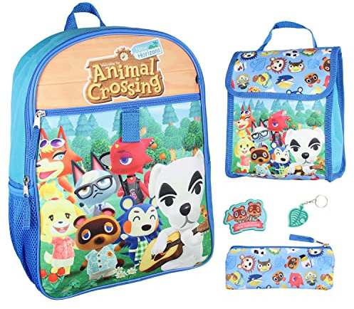 Bioworld Animal Crossing Rucksack mit Charakter-Druck, 5-teiliges Set, Lunch-Tragetasche, Schlüsselanhänger, Weiß, Einheitsgröße, Rucksack, weiß, Einheitsgröße, Individuell