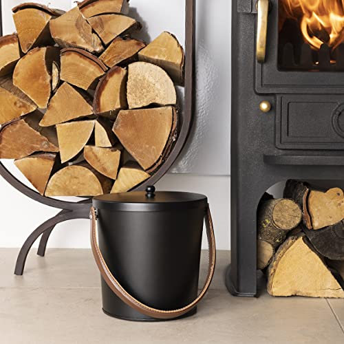 Charles Bentley Snug Plum Ash Bucket with Leather Handle Black Matte Iron Traditional Style