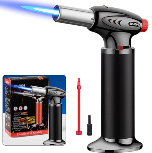 DBZQSCW Butane Torch Blow Torch, Fit All Butane Tanks Refillable Kitchen Lighter with Safety Lock Adjustable Flame Gas Flamethrower for Desserts, Creme Brulee, BBQ, Baking(Butane Not Included)