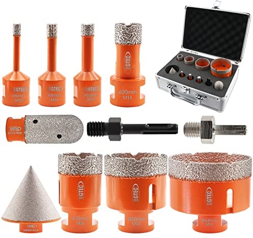 BGTEC Foret Diamant Kit Trépan Carrelage - 11pcs(6/8/10/20/35/50/68mm+25mm foret à doigt+50mm fraise+adaptateur HEX+adaptateur SDS) avec filetage M14 pour percer porcelaine,céramique,granit