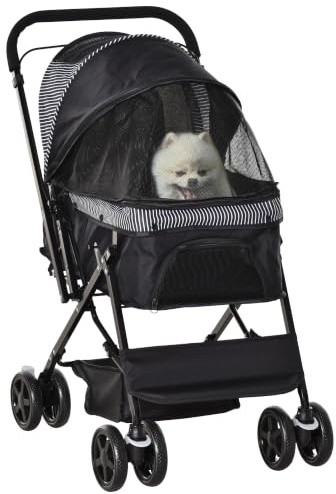 PawHut Dog Stroller with Reversible Handle for Small Dogs Black | Pet Stroller, Dog Cat Travel Pushchair, EVA Wheels, Brake, Basket, Adjustable Canopy, Safety Leash