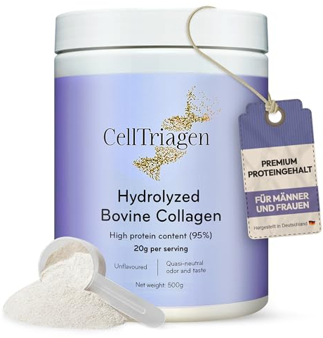 CellTriagen Collagen Pulver – Pure Glow Booster mit Vital Proteins Collagen Peptides, Kollagen Hydrolysat – Protein Pulver Neutral Taste, Typ 1, 2, 3 Ideal für Smoothies, Shakes (Zuckerfrei – 500 g)