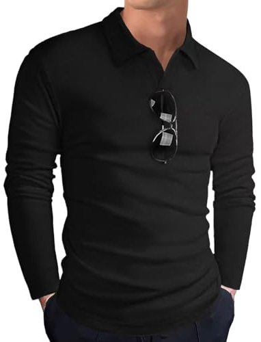 HMIYA Poloshirt Herren Langarm Baumwolle Langarmshirt Sweatshirt V-Ausschnitt Casual T-Shirts (Schwarz,3XL)