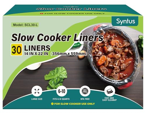 Syntus Slow Cooker Liners, 30 Count Cooking Bags Extra Large Size Disposable Pot Liners Plastic Bags Fit 6QT to 10QT for Slow Cooker Cooking Trays, 14 x 22 1 Pack, SCL30-L
