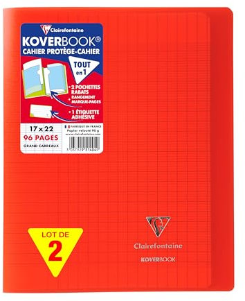 Clairefontaine 951404AMZC Un lot de 2 Cahiers Agrafés Koverbook - 17x22 cm - 96 Pages Grands Carreaux 90 g - Couverture Polypro - Couleur : Rouge