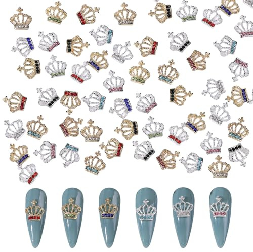 32 Stück Krone Nagel Schmuck, 3D Silber Gold Nagel Charms Strasssteine, Matell Nagel Dekoration für Frauen Mädchen Nageldesign DIY