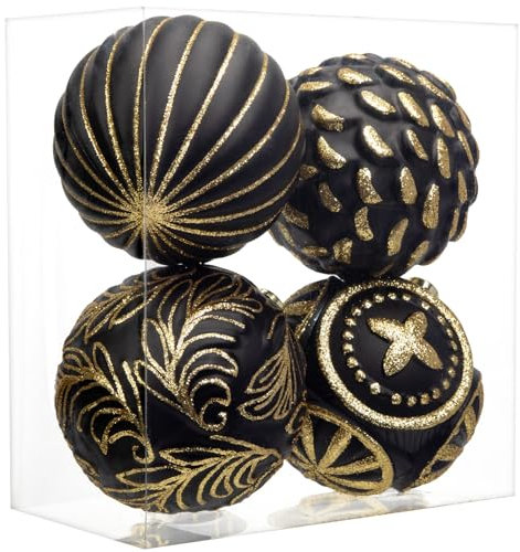 Arborus 4PCS Christbaumkugeln 12 cm Weihnachtskugeln Kunststoff Kugeln Weihnachtsbaumschmuck Glitzer Christbaumschmuck Schwarz Weihnachtsbaumkugeln Tannenbaumkugeln Weihnachten Deko Adventsdeko