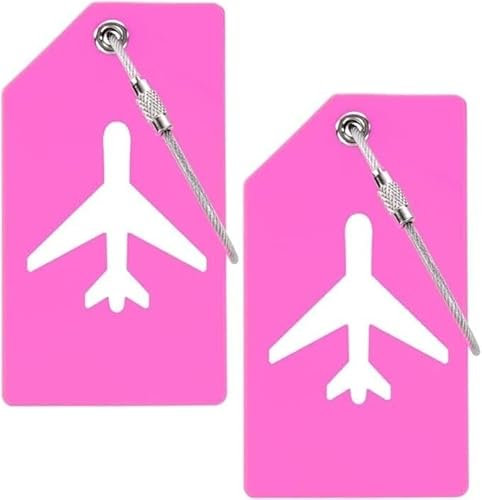Lot de 2 étiquettes de bagage en silicone PVC - Motif avion - Couleur avec carte d'identité - Convient pour valises, sacs à dos, sacs à main, accessoires de voyage essentiels (rose clair)