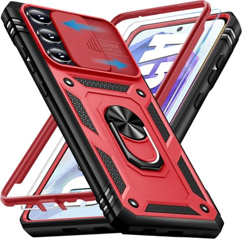 Giyer für Samsung Galaxy A55 5G Hülle mit Schutzfolie, Handyhülle A55 5G Tache mit Kameraschutz 360° Metall Ring Ständer Stoßfest Bumper Schutzhülle Samsung A55 Case Cover (Rot)