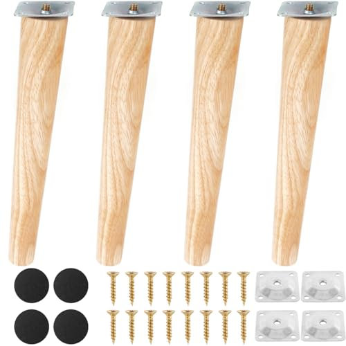Lot de 4 Pieds de Meuble en Bois, 25cm Pieds de Canapé Inclinés, Pieds de Canapé à Visser avec Plaque de Montage+Vis +Tapis Antidérapant, Pour Canapé, Lit, Fauteuil, Armoire (Pieds de Inclinés, 25cm)