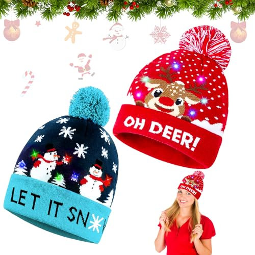 LED Weihnachtsmütze, LED Leuchten Hut Mütze Stricken, Weihnachtsmütze Kinder Bunt, Weihnachtsmützen, Weihnachtsmann Mütze mit Licht, Nikolausmütze, Warme Neuheit Weihnachten Hut für Kinder Erwachsene