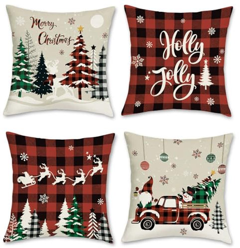 Bonhause 4er Set Kissenbezüge Weihnachten Frohe 45 x 45 cm Weihnachtsbäume LKW Büffel Plaid Dekorative Kissenhülle Zierkissenbezüge für Sofa Schlafzimmer Zuhause Winter Dekoration