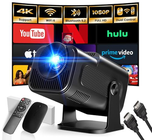[2025 Model & Built-in Apps] Mini Projector 1080P FHD 4K Support Portable Projector with WiFi and Bluetooth Auto Keystone 180° Adjustable Compatible with TV Stick/Memory Stick/USB/Laptop