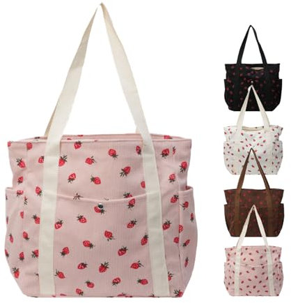 Aikelai Cord Tasche Damen Groß,Erdbeer Shopper Tasche Damen,Schultertaschen Einkaufstaschen mit Reißverschluss,Arbeitstasche Damen,Cordtaschen Tasche,Handtasche Damen (Rosa)