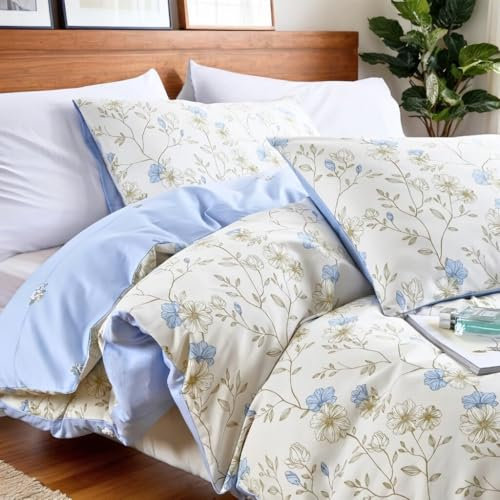 Nayoroom Bettwäsche 200x220 Baumwolle 3teilig Blumen Weiß mit Blau Blümchen Aesthetic Cute Bettbezug Blumenmuster Pflanzen Blumenwiese Deckenbezug mit Reißverschluss und 2 Geblümt Kissenbezüge 80x80