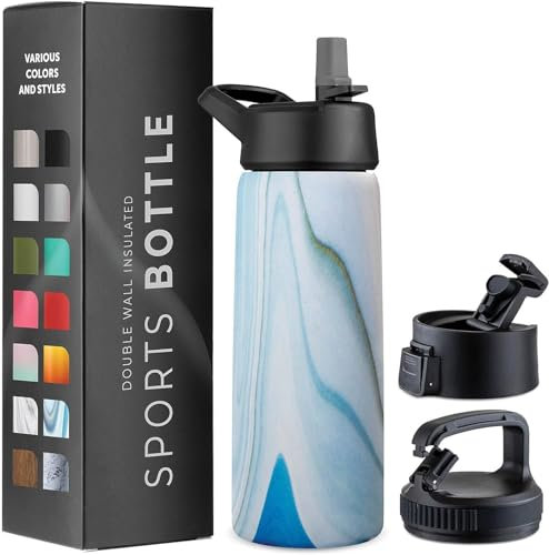 750ml Triple Walled, Insulated Water Bottles with Straw - Stainless Steel Metal Bottle W/ 3 Leak Proof Lids - For Travel, School, Sports, Gym/Men, Women (Exquisite Blue Marble)