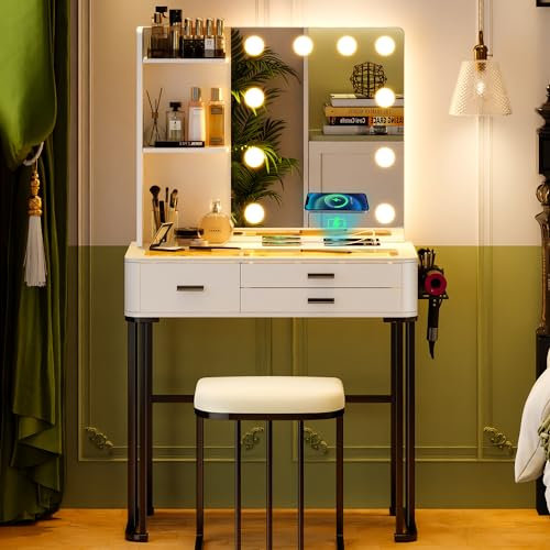 yoofun Dressing Table with Mirror and Stool 3 Color Lights, 47.2 W Makeup Vanity Set with Charging Station,LED Compact Vanity Dressing Table and Chair,3 Drawers,Bedroom Hollywood Mirror
