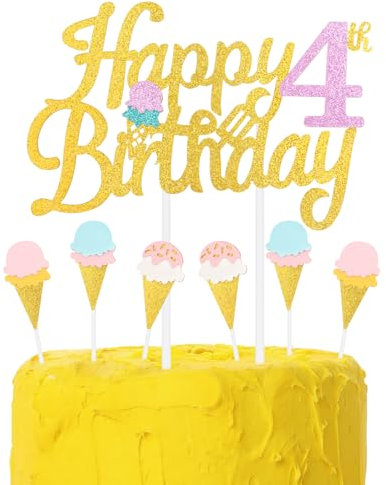 Ice Cream Birthday Cake Toppers, Girls Boys 4th Birthday Party Decorations, Happy 4th Birthday Cake Toppers, Colorful Ice Cream Cake Cupcake Toppers for Ice Cream Themed Party Decorations Supplies