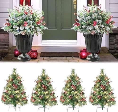 Holiday Planters, Faux Holiday Planters, 2pcs Faux Christmas Flowers For Outdoor Planters, Outdoor Holiday Planter Decor With Tripod Stake, Light Up Planter Filler(C,4pc)