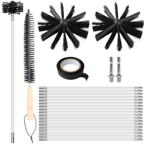 Lvjkes deshollinador de chimeneas, Juego de 24 piezas para limpieza con 18 varillas de 41 cm, 2 cabezas de cepillo de 20 cm, 2 a varilla hexagonal de 4,5 cm, a cepillo con mango de madera de 38 cm