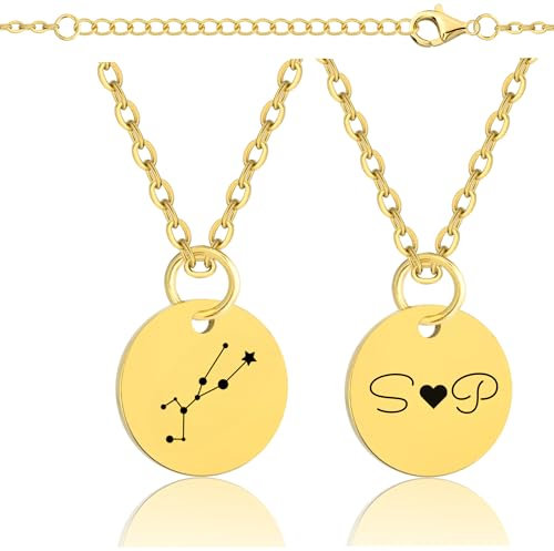 Lumari Gold Personalisierte Sternzeichen Halskette mit Gravur – Medaillon mit Sternbildern, Edelstahl Anhänger Gold hypoallergen – Geschenk für Damen & Herren