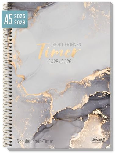 Schüler-Timer mit Spiralbindung 2025/2026 A5 Grey Marble Schülerkalender 25/26, Schulkalender, Schülerplaner, Hausaufgabenheft, Schulplaner 25/26 - nachhaltig & klimafreundlich