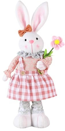 Osterhase Deko Hase, Osterhase Figuren mit Teleskop Beine, Ostern Deko Hase Plüsch, Osterhasen Plüsch Puppe mit Blumen und Karotten, Osterhasen Figur Frühlingsdeko für Zuhause