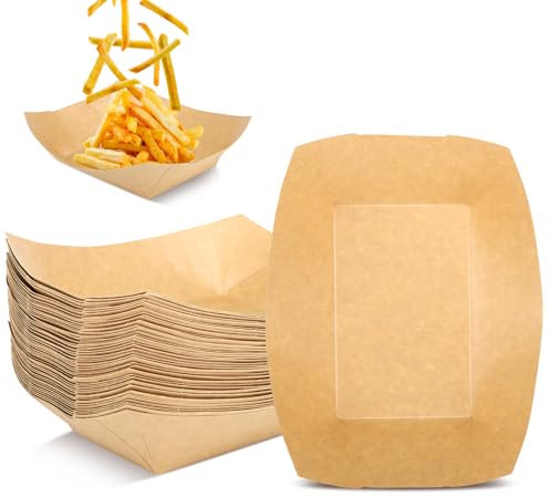KILDOWS 50 Piezas Bandejas de Cartón Kraft,Cuencos de Cartón,Forma de Barco Cuenco Madera,Cuencos Plato Resistente al Aceite y Agua, para Comida Rápida, Snacks, Ensaladas y Snacks