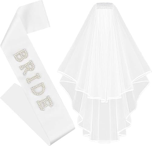 LQTSLFM Accessoires für Bride to Be,Brautschleier,Braut Schärpe, Schleier,Bride to Be Schärpe Schleier Set, Frauen Junggesellinnenabschied Set für Braut, Bachelorette Party (Weiß A)