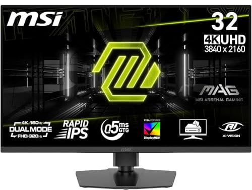 MSI, MAG 322URDF E16, 32-Zoll, 4K UHD, 3840x2160, Gaming-Monitor, Rapid IPS, 0,5ms, DisplayHDR 400, Eye Care, AI Vision, Dual-Mode, HDMI 2.1, DP 1.4a, Neigung/Höhe einstellbar, Schwarz