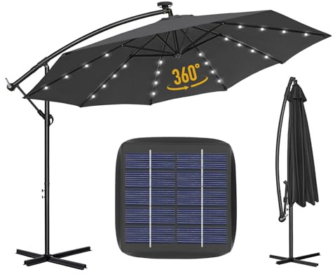 Parasol de Jardin 3M LED Solaire Déporté Hexagonale à Manivelle avec Base Croisée, Anti-UV, 8 Baleines à Double Couche, Inclinable pour Plage Balcon Patio - Gris