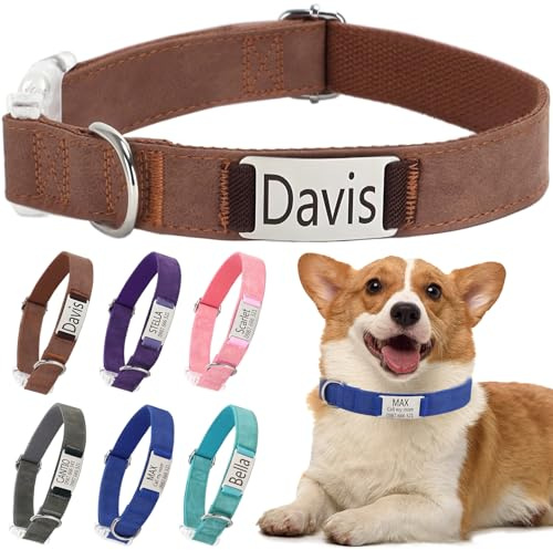 Personalised Dog Collar with Name Plate, Pet Collars with Engraved ID Metal Tag For Dogs, Adjustable Lightweight For Small Medium Large Pets (Brown-S)