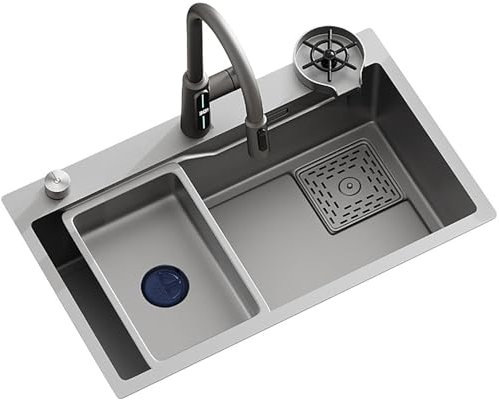 Fregadero de cocina grande de acero inoxidable 304, cuenco individual con escurridor controlado por mesa, lavabo en lavabo, lavadora de tazas y dispositivo de desbordamiento, 80 x 45 x 22 cm, 60 x 45