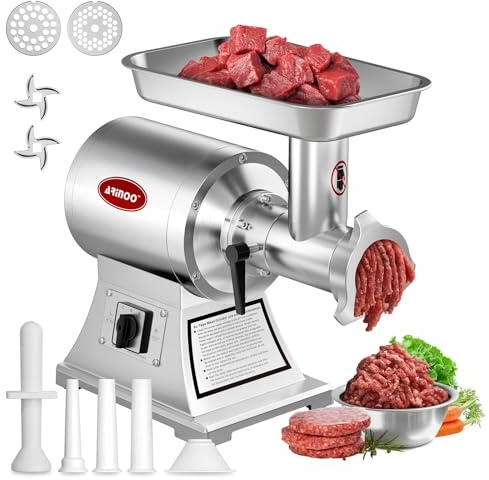 ARINOO - Macinacarne commerciale #8C, 0,6 CV, tritacarne industriale in acciaio inossidabile resistente con 2 lame e spingitore, tritacarne elettrici per grandi lotti di
