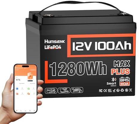Humsienk Batteria Litio 12V 100Ah Bluetooth MAX Plus,1280Wh Batteria LiFePO4 con 110A BMS e Protezione a Bassa Temperatura, 5000+ Cicli Profondi per Caravan,motori elettrici, Off-grid, Sistemi solare