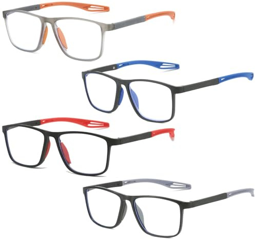 RQcMid Lesebrille 1,5 mit Blaulichtfilter, 4 Stück in Schwarz-Grau, Grau-Orange, Schwarz-Rot und Schwarz mit blauen Bügeln, +1,5 Dioptrien, für Herren und Damen
