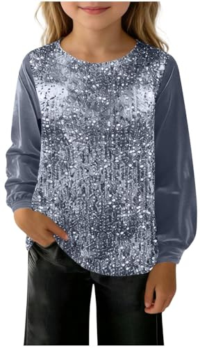 XINYUNZU Mädchen Pailletten Langarmshirt Glitzer Shirt Longsleeve Top Bluse Glitzeroberteil Karneval Party Festival Glitzershirt für Kinder und Teenager 5-15 Jahre
