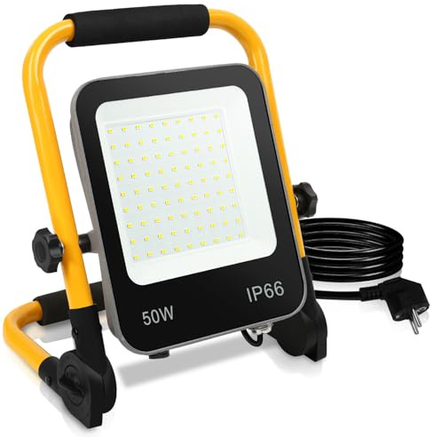 LED Baustrahler, 50W 4000LM Arbeitsleuchte LED Arbeitsleuchte mit Stecker IP66 Wasserdicht Baustrahler mit 3M Kabel, Tragbar für Werkstatt oder Baustelle,Garage 6000K