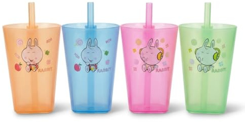 Générique Lot 4 Gobelets Enfant avec Paille Intégrée – Verre Plastique Coloré Motif Lapin Kawaii – Cadeau Enfant 2-12ans – Orange Bleu Rose Vert