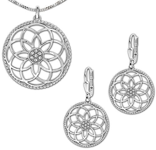 CLEVER SCHMUCK Silberner großer Anhänger Mandala Ø 40 mm Blume des Lebens mit vielen Zirkonias, passende Ohrhänger 43 mm lang und Ø 22 mm und Kette Panzer 80 cm STERLING SILBER 925 im Etui