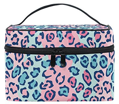 Makeup Bag, Colourful Leopard Print Cosmetic Toiletry Storage Organiser Large Travel Handle Personalised Pouch with Compartments for Teenage Girl Women Lady
