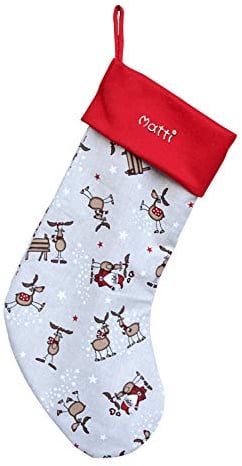 MEIN NAME Nikolausstiefel Elch Nikolausstiefel aus Stoff nostalgisch Schrift weiß 40 x 17 cm groß Nikolaussocke für Kinder personalisiert oder Weihnachtsstiefel rot, Adventsstiefel XXL, (Rot_Elch)