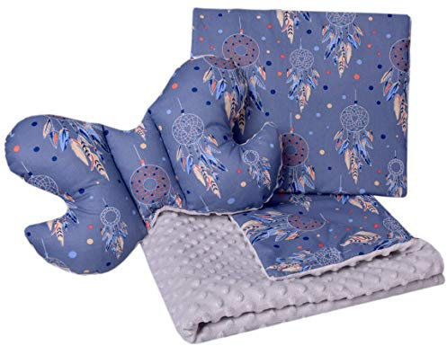 Medi Partners Babydecke Krabbeldecke Set 3in1 100% Baumwolle Minky Kinderdecke 55x75 + 35x30cm flaches Kissen und Anti-Schock-Kissen Schmetterling (Traumfänger mit grauen Minky)