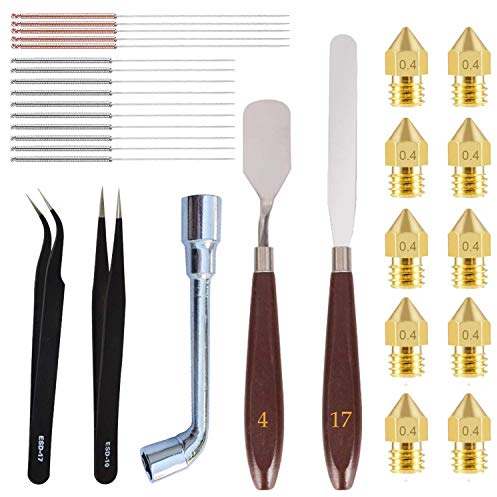 SOOWAY 25 Pièces Kit Nettoyage Buse Imprimante 3D 10 pièces MK8 0,4 mm Laiton Buse+ 10 Aiguilles de Nettoyage (5 x 0.4 mm + 5 x 0.35 mm) + 2 Pincettes + 2 Couteaux à palette + 1 Clé Trousse
