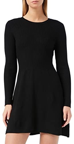 ONLY Mini Skaterkleid Langarm RIPP Strick Dress Ausgestellt mit Rundhals Kurz Regular Fit ONLALMA, Farben:Schwarz-2,Größe Damen:S
