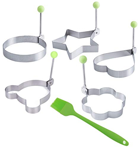 JZK 5 X Fried Egg Moulds for Frying pan + Silicone Brush, Mini Pancake Maker Molds Shaper Tool, Stainless Steel Egg Ring molds with Handle